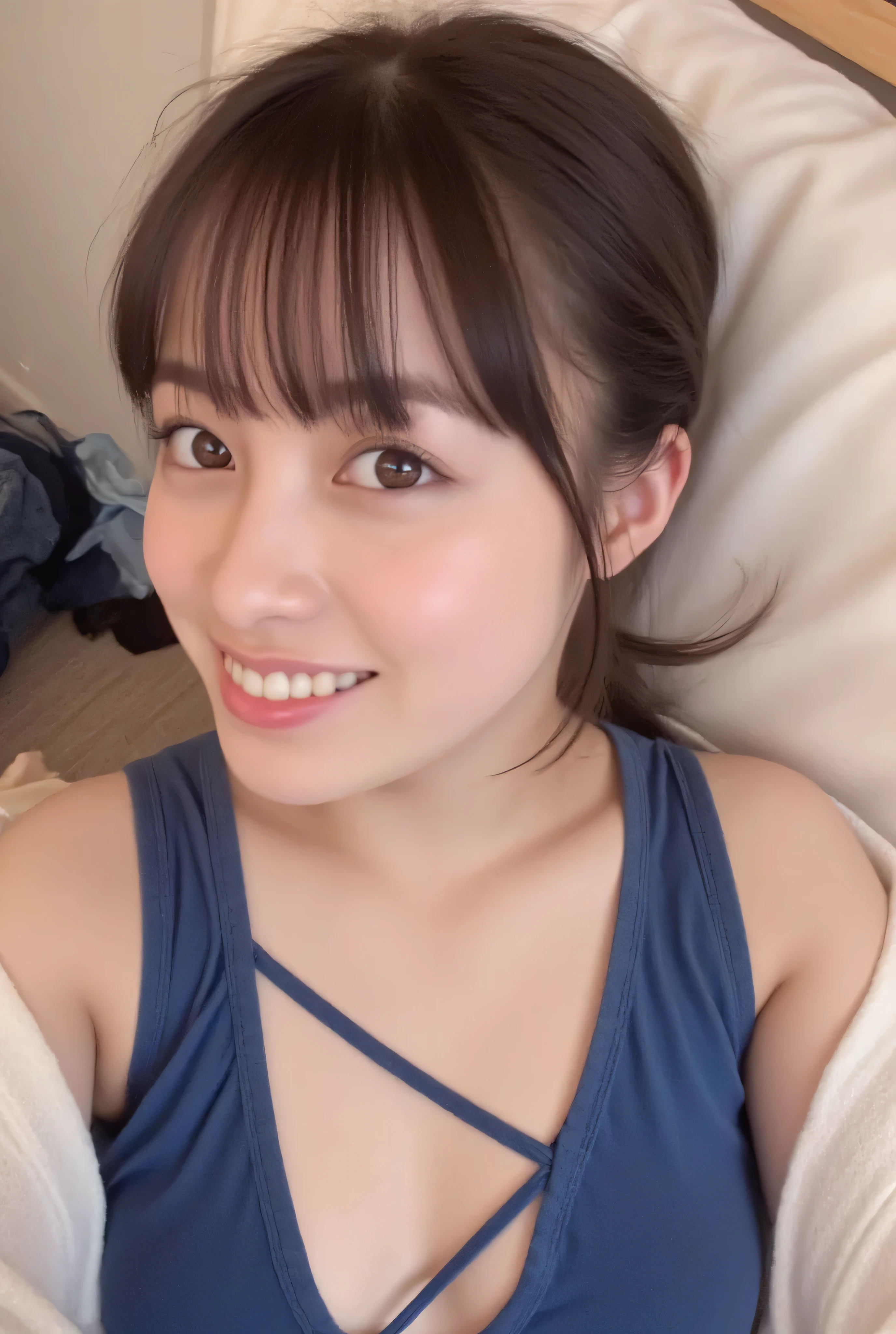 32K, masterpiece, masterpiece, realistic, very well detailed, pictures, high resolution, Japanese men really like their faces., smoother light , Official Art, writing boundary depth, Bright Light, close, Detailed Faces, smile, beautiful eye details, 19 years old Korean, cute, Real Skin Texture, t-shirt, Look at the nipples