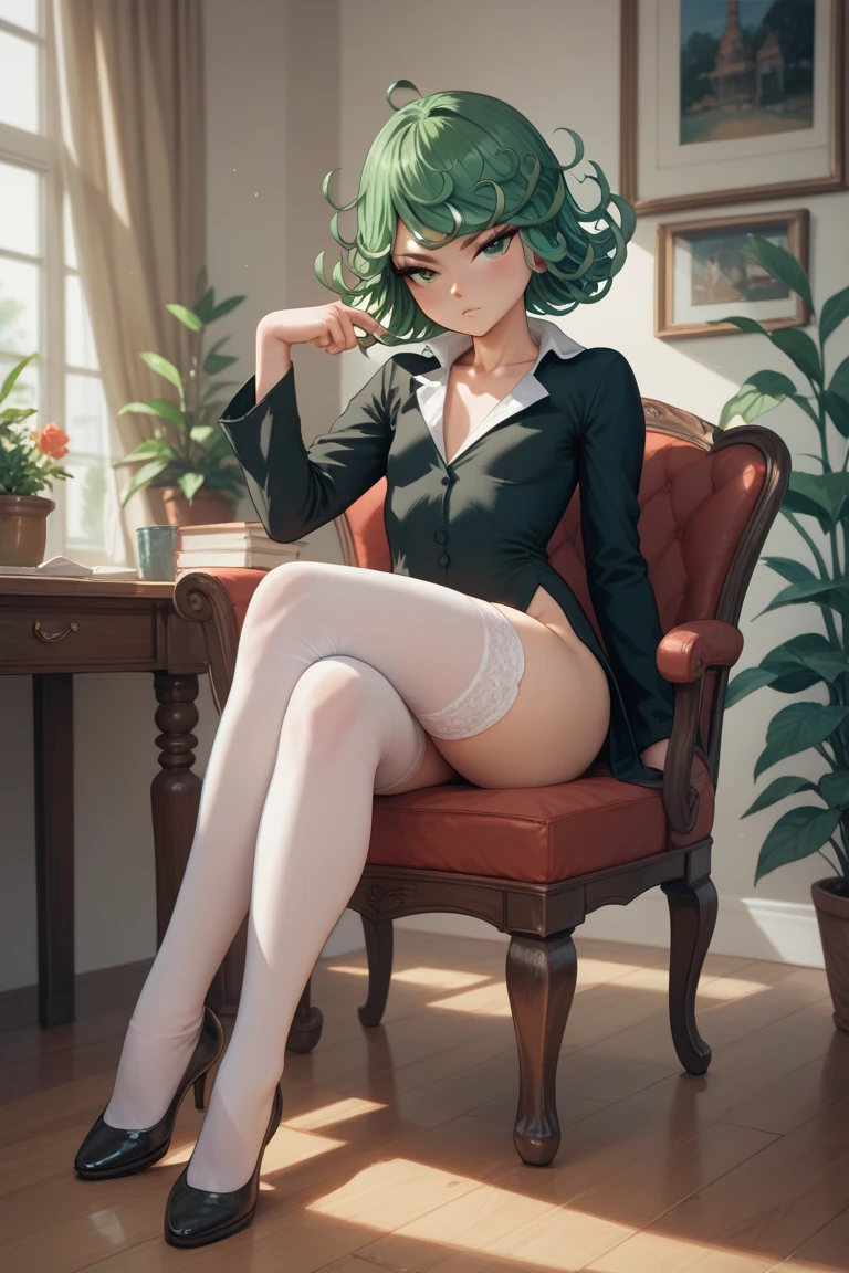 ((best quality)), ((masterpiece)), (detailed), Tatsumaki from one puch man, green hair, sitting on a chair, thick body, Thick legs, wearing black pointed flats shoes, short silk dress, entire figure, no background, picture focus on legs, focus on flats, show entire figure, location photoshoot studio.
