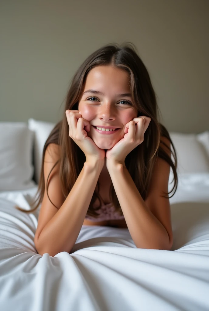 beautiful, 10 year old girl, sexy looking, white girl, by rubio, smiling brightly, wearing pink cotton bra, wearing pink cotton panties, touch her self, nipples, body details shown from under clothes, smile face, sexy smile, legs open, lying on the bed, perfect lighting, (extreme detail), (8k), (wallpaper), seen from above