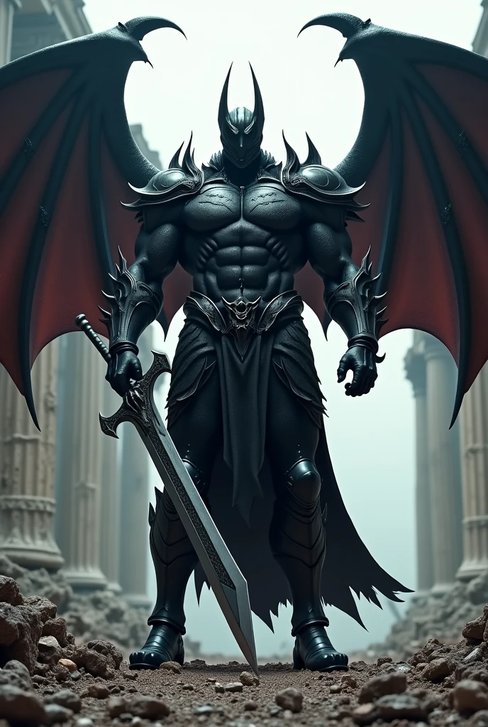 (extremely detailed 8k wallpaper),a full body shot photo of a fearful undead grey gargoyle necromancer holds in left hand a mace with a skulltop and in the right hand he holds a shield,2 Wings, intricate, high detail, dramatic