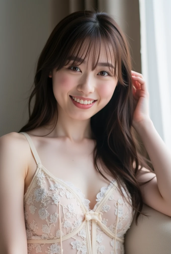 (8k、RAW Photos、Highest quality、masterpiece:1.2)、(Realistic、Realistic)、((pubic hair、whole body:1.5))、((smile、Very flat chest、Nipples:1.3))、1 girl、((get up、naked、After sexual、morning、morning日が差し込む、 Hotel Bedroom、bed、Sleep on your back、Bathrobes、smile))、cute