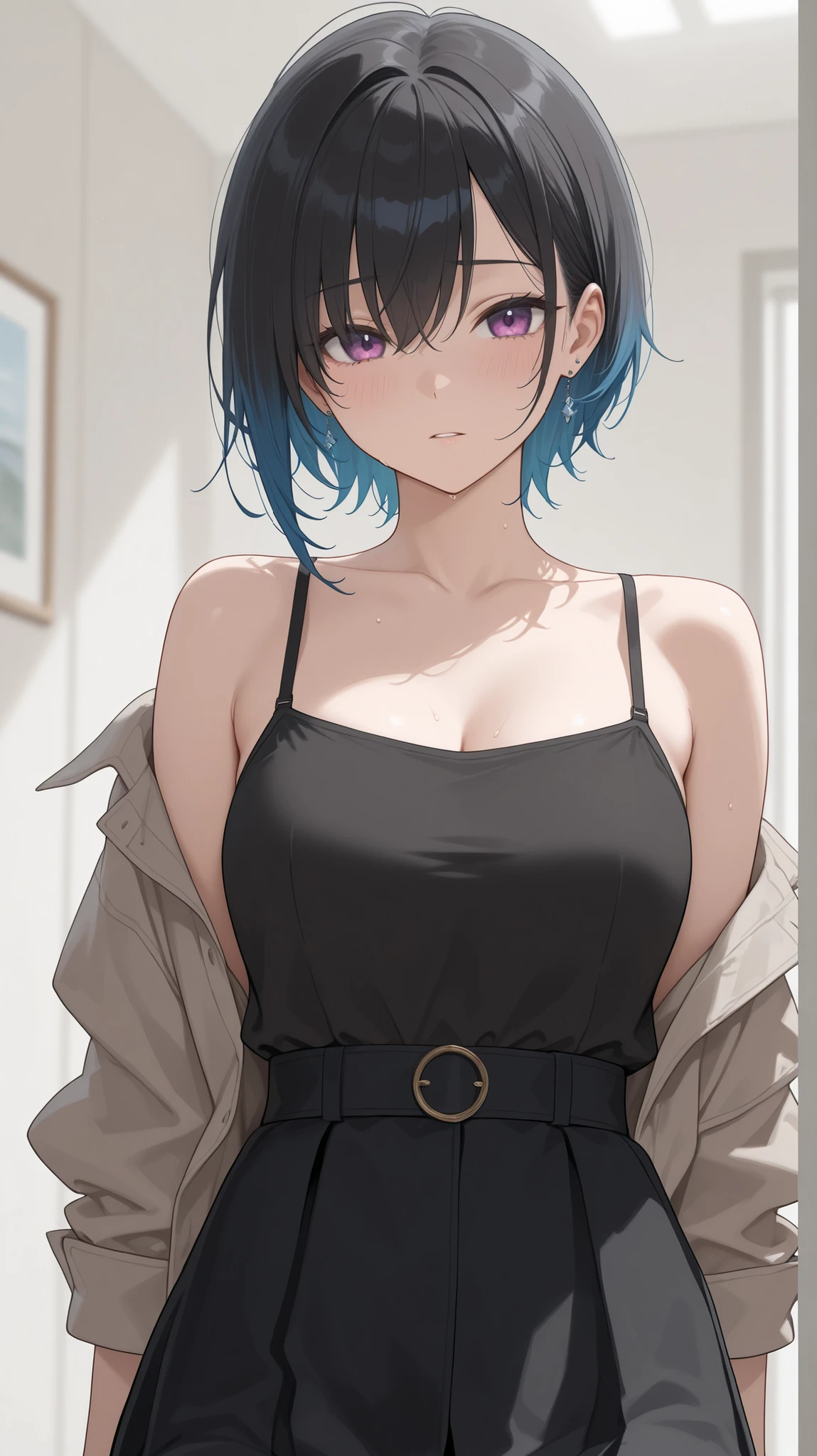 The painting style of Isamu's Vegetarianism, (score_9, score_8_superior, score_7_superior), (Highest quality, masterpiece),perfect aninomy,(beautiful,very beautiful),Official Style, (Ultra-high resolution), One girl, Tifa Lockhart, Final Fantasy,(Beautiful woman).puppet, Black Hair, Long hair tied low, Red eyes, bangs, White tank top,gap, belt, pleined skirt, Knee socks, Elbow fingerless gloves, Elbow pads, abdomen, belly button,Suspender skirt.zettai ryouiki ,(Front view),Straight,(big_chest:1.2),一人in,Medium Shot,Looking_in_Audience,Contrasting, Vibrant, Joyful,Cafe and Bar, ,Involved,(,Tank Top Lift),