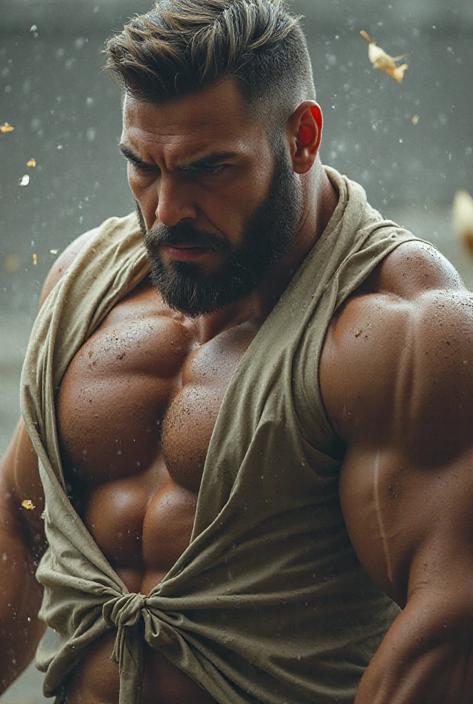1 joven pelirrojo super sexy con cabello ondulado semicorto y con mucho vello en el cuerpo, super strong with a lot of muscle., completamente desnudo, juega al chef, revelador, sexi, aceitoso.