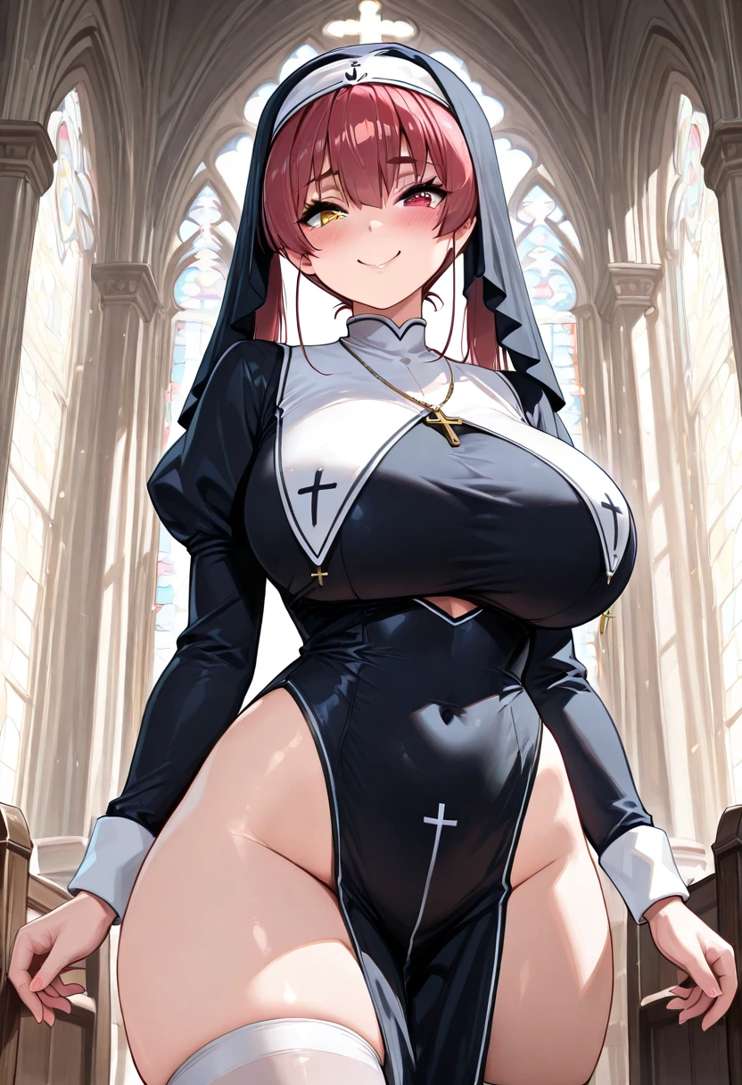(8K ,Hyper-detailing,Ultra photo realsisim,Best Masterpiece,naturey,Movie special effects,Perfect artwork,Perfect female body),a cute young girl,(large tities),In churches,Sexy nun robes,black suspenders stockings,Large cleavage,,Stretch meat,Raised sexy