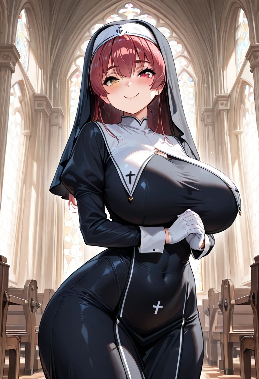 beautiful, masterpiece, simple background, white background, best quality, detailled image, colorfull, vibrant colors, detailed face, perfect lighting, pefect shadows, perfect eyes, mask, leather legwear, harness, chest harness, standing, wide anglelooking at viewer, black eyes, pefect face, vell, gloves, perfect hair, nun, gorgeous body, hourglass body, shiny body, 1girl, solo, pefect, solo focus, exposed chest, high heels, big breast, bimbo, big ass,choker, sexy_nun,