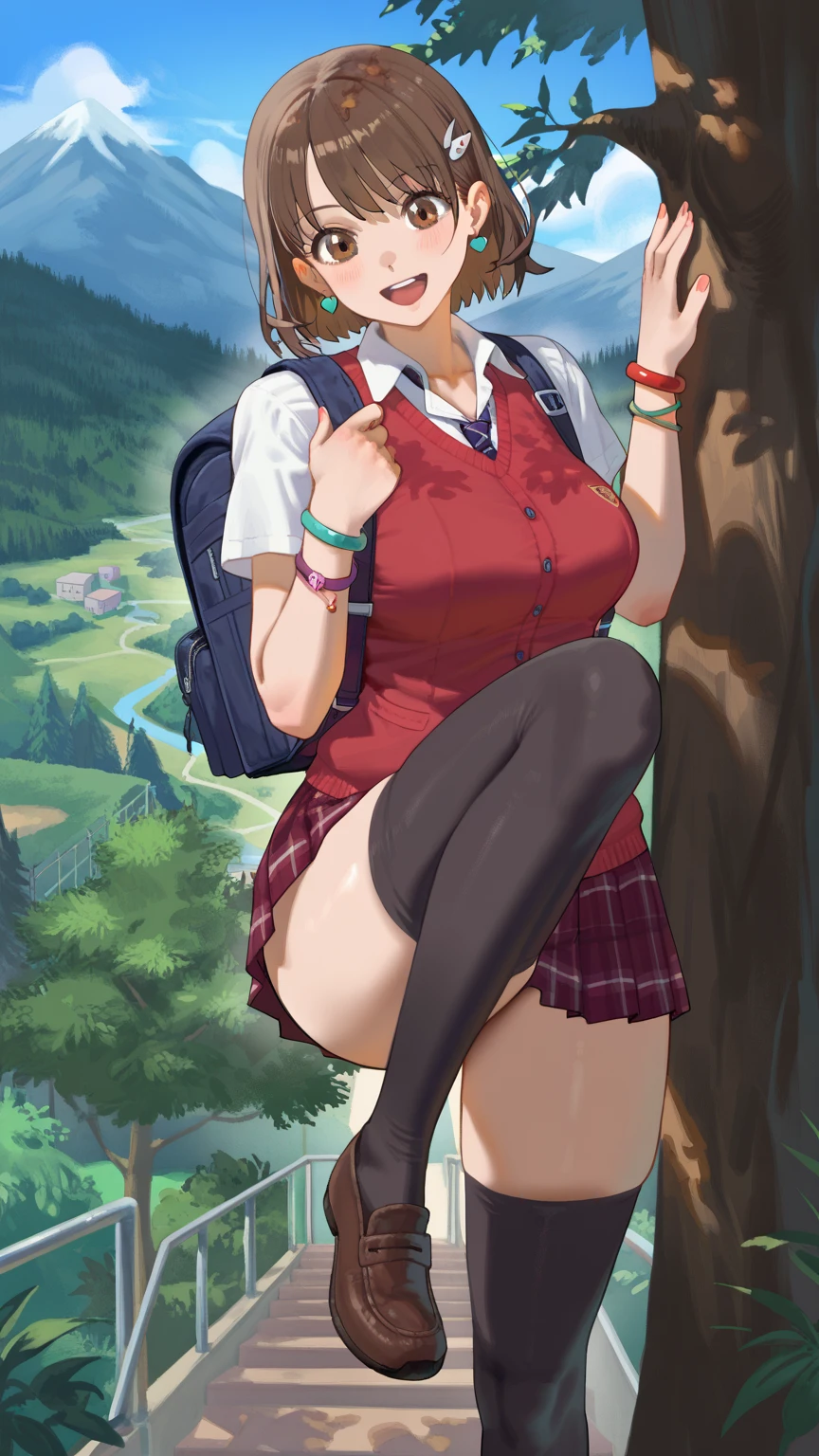 (masterpiece, best quality), 1girl,<lora:MizobuchiChinana-v1:0.8>, ChopioMizobuchiChinana, (gyaru:1.1), long hair, ponytail, sidelocks, braid, scrunchie, (looking at viewer:1.3), large breasts,, outfit_1, collared shirt, necktie, pleated skirt, plaid skirt, bra peek, cleavage, sweater around waist, (leg warmers, loose socks:1.5), choker, shirt tucked in,,