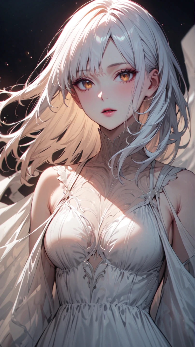 (Highest quality,Super detailed,High resolution:1.2),beautiful woman with perfect face,very_Long eyelashes, Detailed lips, Cool look, Soft Skin, Shiny Hair,Exquisite makeup,Heavy bangs,Dilated grey eyes,Straight Long Hair, Sleeveless shirt dress,Geometric tattoos on thighs and arms,