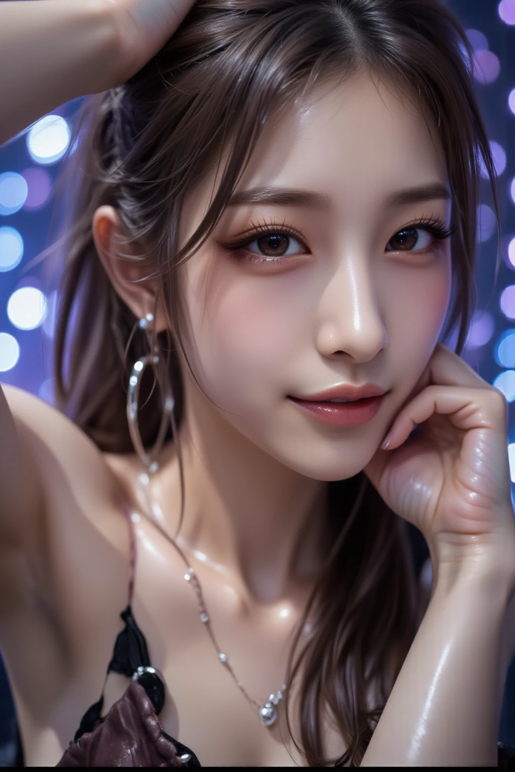 Best Quality, masutepiece, 超A high resolution, (Photorealistic: 1.4), Raw photo, 1girl in, off shoulders, Cinematic lighting, Kiss Pose, Heterochromia