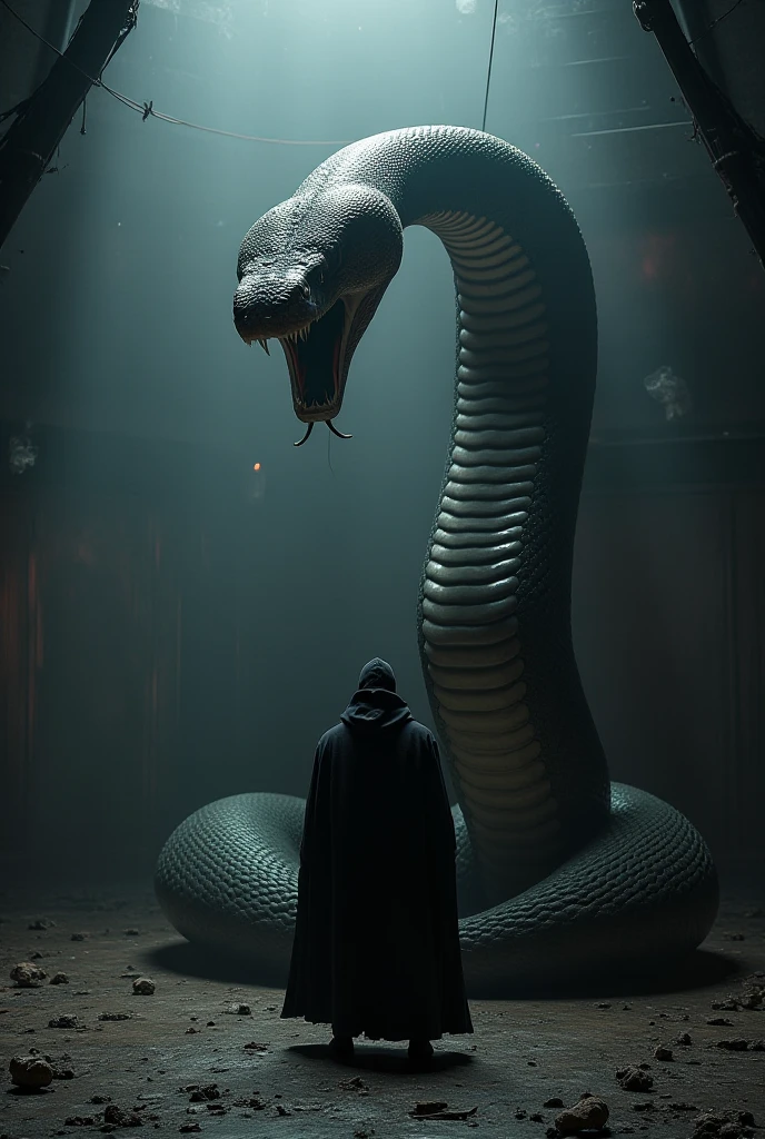 Night darkness、In a cage in a zoo、A giant snake covered entirely in black cloth