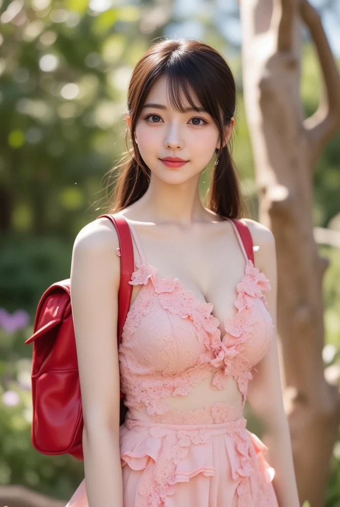 8K、RAW Photos、Highest quality、Super detailed、Super Resolution、Ultra HD、8K壁紙、Amazing details A town of rice fields in the countryside、Bus stop in the countryside、A 16-year-old high school girl waiting for a bus at a bus stop、Shining Sun、Blue sky、School bag、smile
((Emphasize cleavage))
(((A pink bra with a floral pattern is visible)))