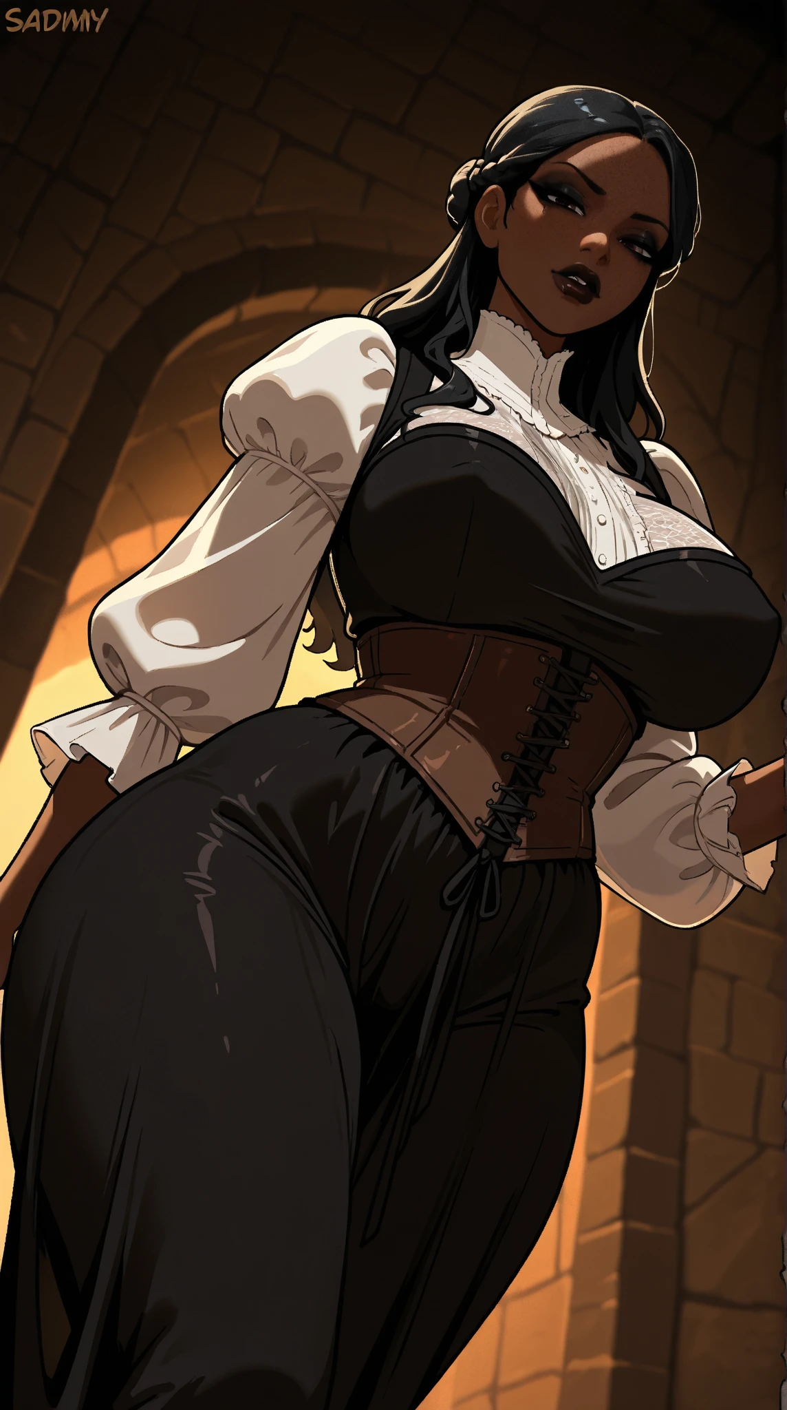 Solo, female, (dark skin), black hair, purple eyes, big breasts, tan tunic, forest, elf earowl cut), modest clothing, tight brown pants, deadpan expression, looking at viewer, breasts,nsfw