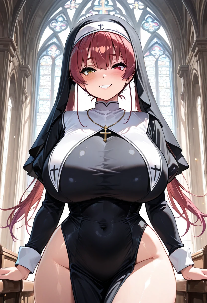 (masterpiece, best quality:1.2), aka6, 1girl, solo, huge breasts, red hair, looking at viewer, looking upwards, lips, red lips, blushing, closed mouth, church, nun, pale skin, cleavage, breasts pressing together, skirt, short skirt