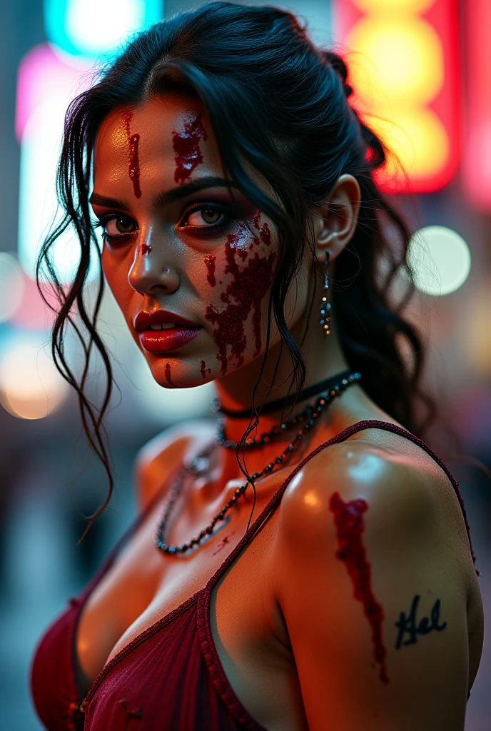 Gloomy girl, brunette, ponytail hairstyle, (zombie hunter), in a zombie hunter costume, neckline, standing against the backdrop of destroyed streets, looking at the viewer, gloomy lighting, dim light, depth of field, bokeh