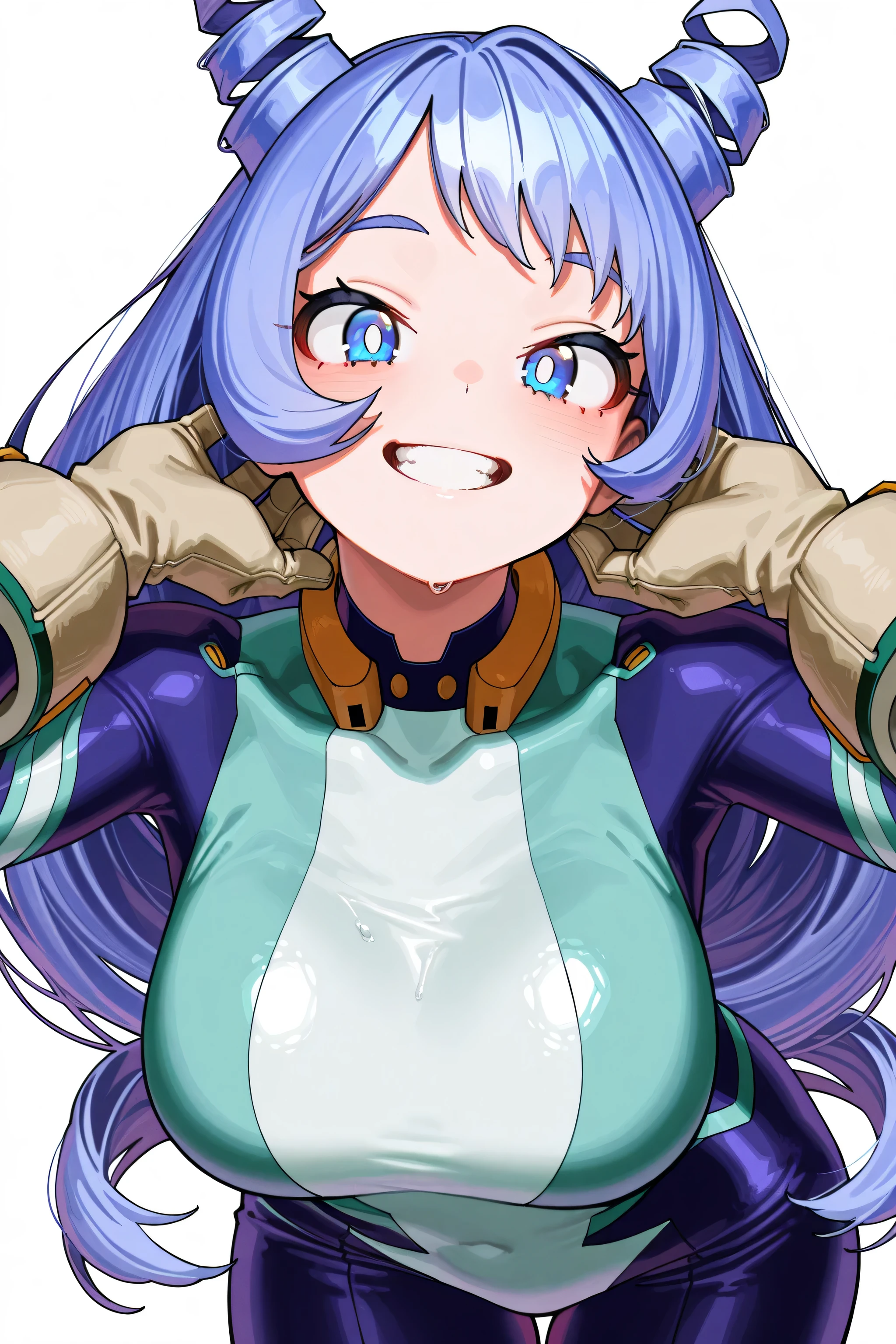 kmj-anonstyle, [artist:yoneyama mai], [artist:kanzarin], [artist: ekrea_jan], masterpiece,best quality,amazing quality, 748cmstyle, solo, eye focus, boku no hero academia, hado nejire, 1girl, blue eyes, blue hair, bodysuit, breasts, drill hair, gloves, hair horns, large breasts, long hair, looking at viewer, simple background, smile, solo, teeth, white background