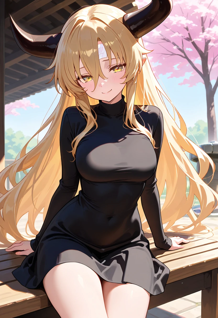 (masterpiece, best quality, detailed), 1girl, solo, looking at viewer, <lora:TohruDragonMaid_NDV-10:0.6>, TohruDragonMaid_NDV, blonde hair, large breasts, long hair, horns, multicolored hair, slit pupils, orange eyes, <lora:virgin killer sweaterFP16_82431:0.8>, virgin killer sweater, backless outfit, outdoors, garden, grass, night, yellow flower, indian style, hands on feet, smile, open mouth