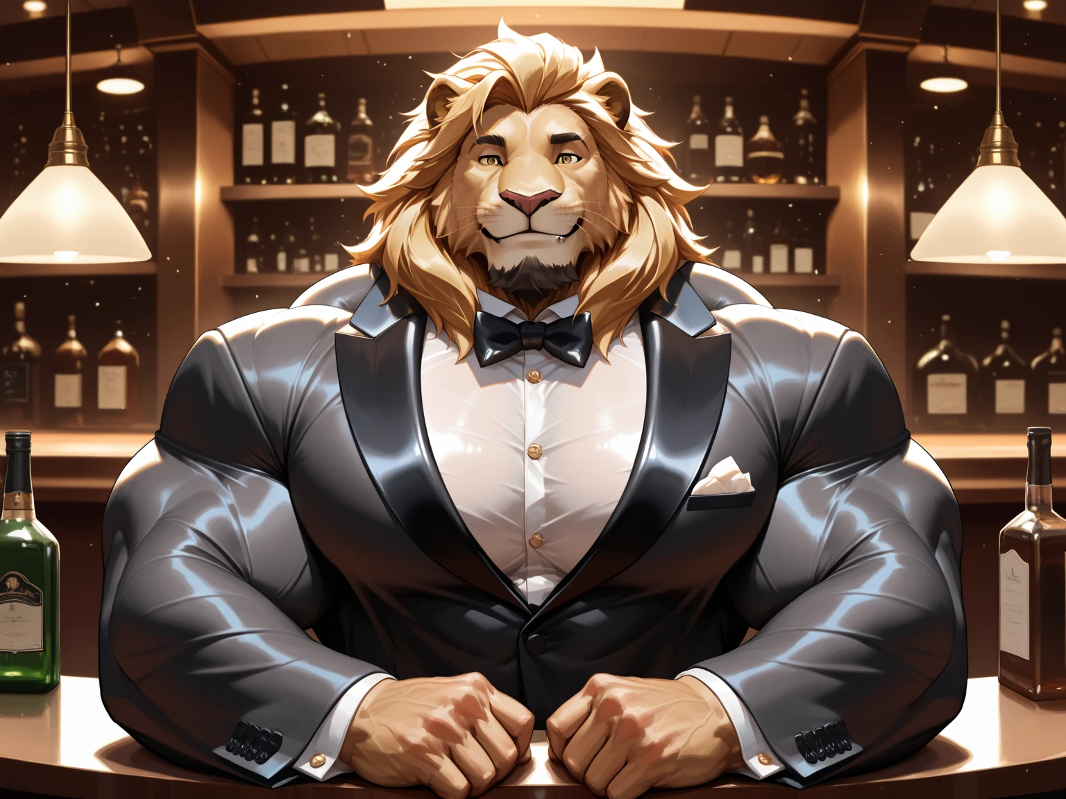 male semianthro mountain lion,strawberry blond mane,reddish blond beard,chubby soft body,daddy,spy tuxedo,medium stature