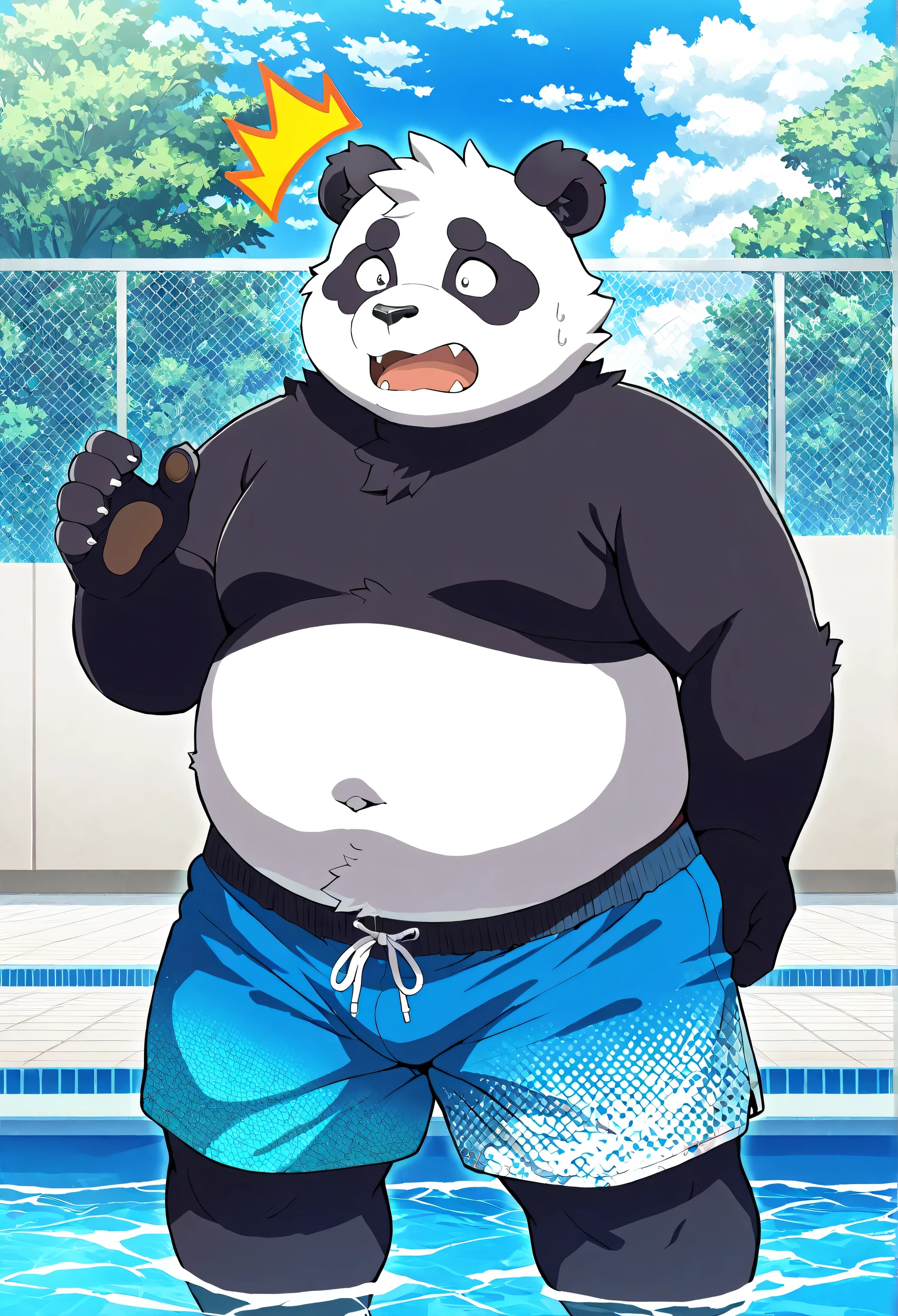 Score_9, Score_8_up, Score_7_up,  masterpiece, highest quality, high res, anime style, Moritaka,  1 boy ,  male focus， Very nice, masterpiece,best quality, tax benefit ratio ,newest,high res,어처구니없는,Detailed Background，Chubby ， male，panda，Swimming trunks ，leggings，Scare 的表情， By the pool，Shocked，Scare ，afternoon