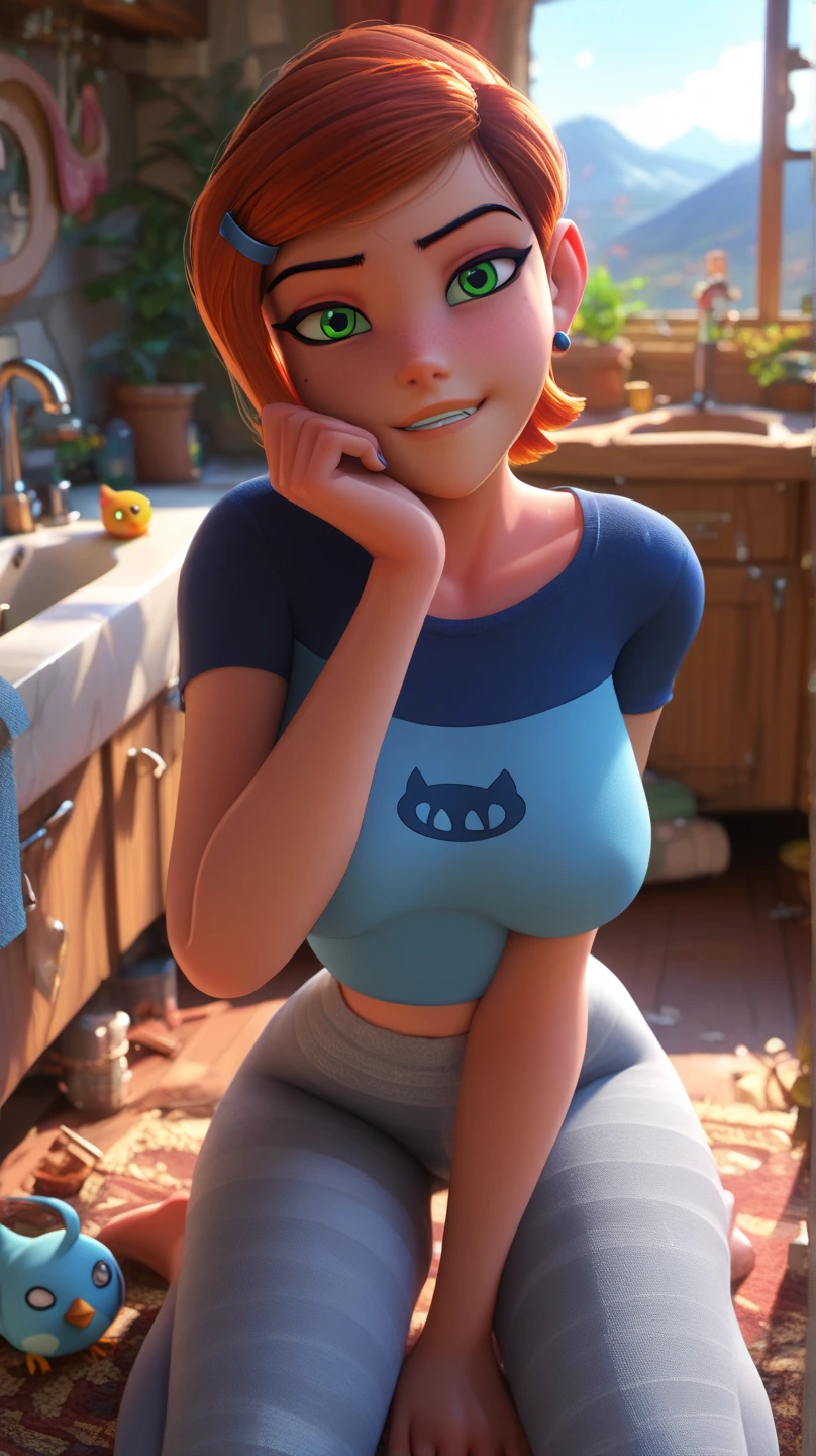 a chic, 4k, Gwen tennyson, Ben 10, biting her lips, Blue crop top, Bermuda, big breasts that sink naturally, green eyes, masterpiece, kneeling on a couch, sexy posture, foreground neckline, REST, night time, mountain cabin , Beautiful lighting and shadows,