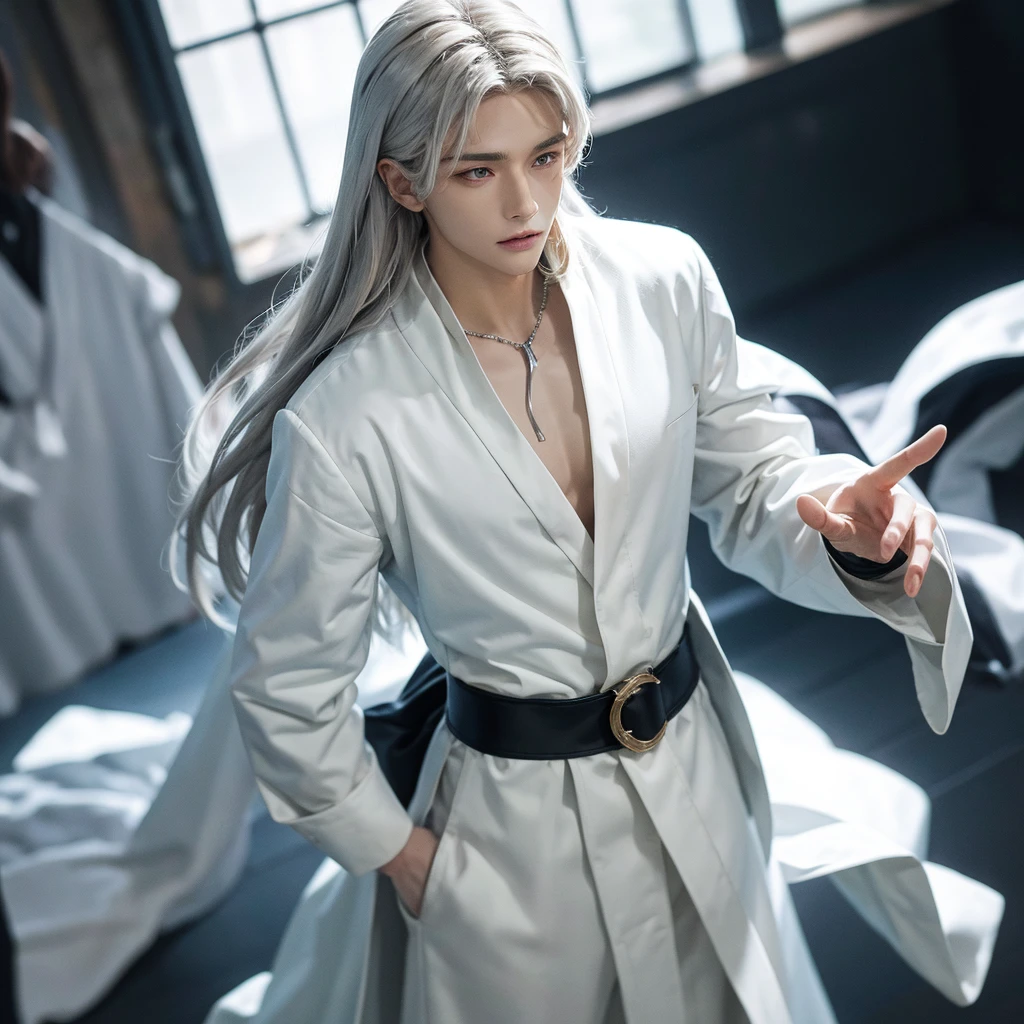 Tall man with white hair, blue eyes and moon-white skin, apparently 19 years old