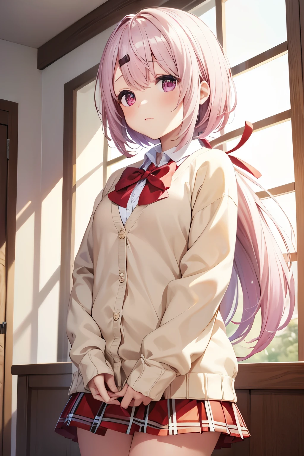 (8k, raw photo, masterpiece, extremely detailed, best quality, professional lighting, high res), BREAK beautiful and adorable girl, shiina yuika, very long hair, gradient hair, pink hair, white hair, low ponytail, hair ribbon, hairclip, purple eyes, red bow, brown cardigan, long sleeves, sleeves past wrists, pleated skirt, red skirt, plaid skirt, (short height, plump body, goofy, round face:1.2), sleepy, mild personality, ennui, kindness, laid-back, relax