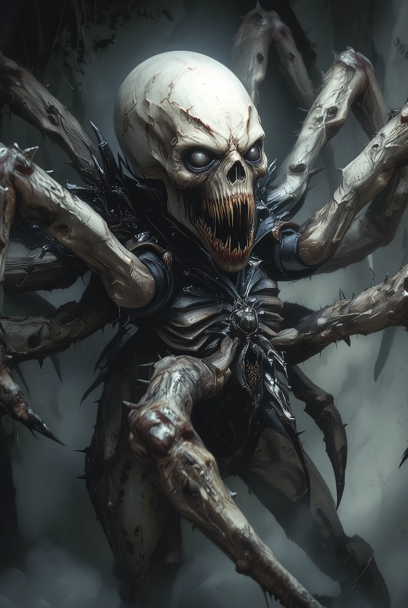 best quality,4k,8k,highres,masterpiece:1.2),ultra-detailed,realistic,photorealistic:1.37,this creature, a terrifying fusion of spider and human female with six arms, embodies a grotesque harmony of two distinct forms. Its upper body retains the unmistakable features of a woman, albeit distorted by the merging process. its eyes gleam with a sinister intelligence, more arachnid than human. (no hair, white skin:1.3),

From the torso sprout four additional limbs, elongated and jointed like a spider's, yet retaining a disturbingly human fleshiness. These arms are equipped with fingers that end in sharp, chitinous claws, capable of rending flesh with ease.

The lower body is a fusion of spider and human anatomy, with the abdomen stretching out behind like that of a monstrous arachnid. Jagged spines protrude from its exoskeleton, each one a reminder of its unnatural origins. The legs, a grotesque combination of human thighs and spider's hairy appendages, provide both agility and strength, enabling it to skitter across surfaces with alarming speed and grace.

In its presence, one cannot help but feel a primal fear, as if staring into the abyss where human and arachnid merge to create a nightmare incarnate.