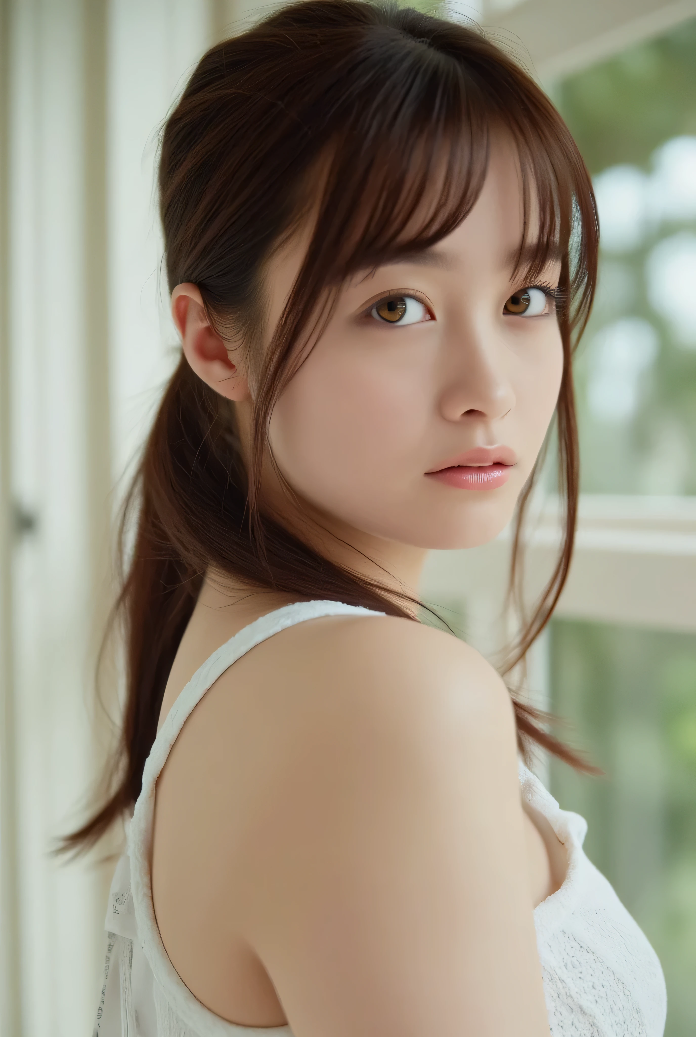 (( Best Quality)), ( details), 8k, realistic, ((close-up face)), beautiful and delicate, Expression of peace and happiness , very vibrant colors, Front, naked even from behind