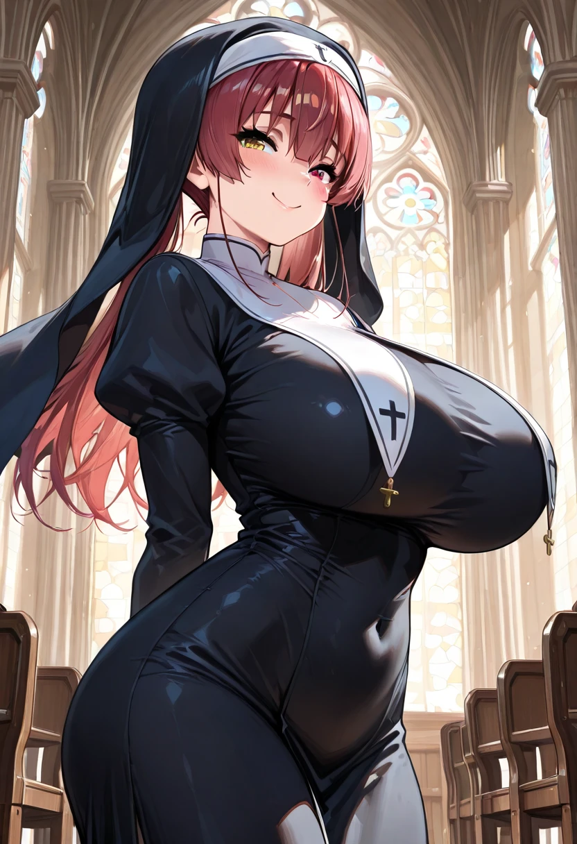 houshou marine,1girl,solo,Only the right eye is yellow,long hair,Females in heat,blush,gigantic huge breasts,nun costumes,looking at viewer,Taken from the viewpoint above,upturned eyes,near,standing up,church