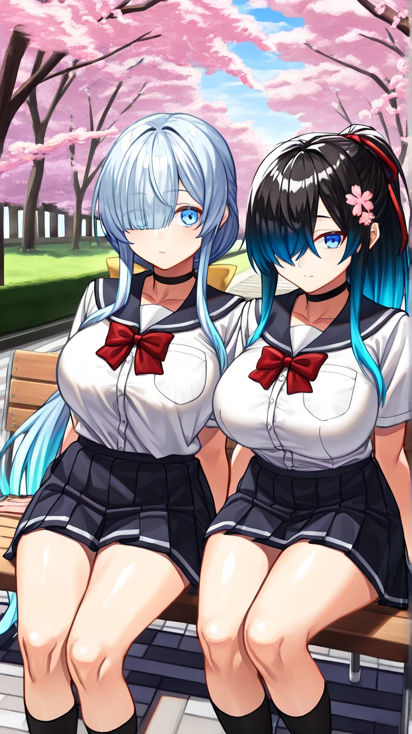 Kamisato Ayaka, Kochou Shinobu,front view,2girls, masterpiece, best quality, highres, JK,huge tit,full body,breasts,looking at viewer,smile,pleated skirt,shirt tucked in,skirt,tented shirt,bowtie,in school