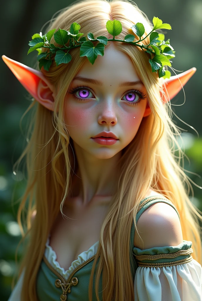 Beautiful elven girl with one ear, golden hair and purple eyes - SeaArt AI