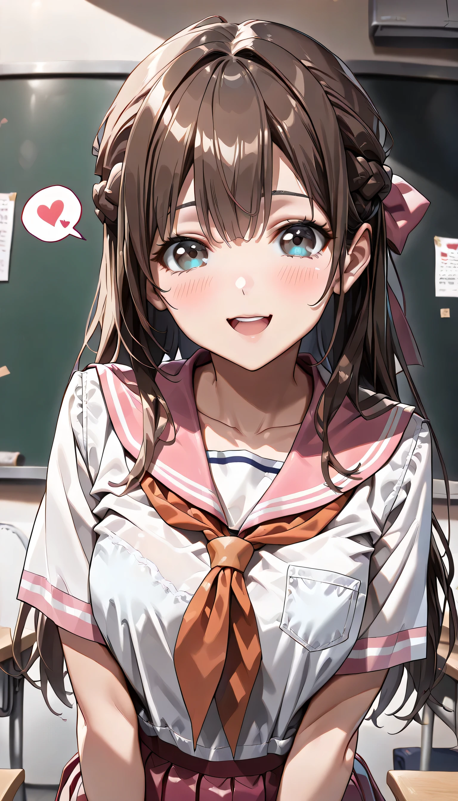 ((ultra-detailed)), (highly detailed CG illustration), (best quality:1.2), ultra-highly detailed, colorful composition, artistic photoshoot, 1girl, solo focus, ((upper body:1.3)), moe anime character, girl, dainty facial structure, (baby face), (round face), ((rounded chin:1.2)), celia-default, celia claire, (blue eyes), ((black hair color)), ((long hair)), ((half updo)), ((hair ribbon with pink)), ample breasts, school uniform with pink, pink sailor suit, ((traditional Japanese style with pink and white colors:1.3)), ((pleated skirt with pink:1.3)), ((happy:1.3)), ((joyful:1.3)), ((laughing:1.3)), ((blush:1.3)), ((looking viewer)), ((spoken heart:1.3)), ((standing in the classroom)), from front, best quality, masterpiece, expecting, pink cheek, blush, light pink gloss slip, portrait, depth of field, soft lighting, sidelighting, (shine), lighting, caustics, ray tracing, smile, perfect face, lustrous skin, highly detailed face, highly detailed eyes, perfect face, perfect nose, perfect hair, perfect eyes, perfect anatomy, beautiful hair, beautiful small face, extremely detailed face, beautiful detailed eyes, beautiful clavicle, beautiful body, beautiful ample breasts, leavage, breasts squeezed together, equalize the size of the left and right breasts, beautiful thin thighs, beautiful legs, beautiful fingers, 4 fingers, 1 thumb, lovely, (very detailed background:1.0), (highly detailed background:1.0), spring aesthetic, intricate details, joyful atmosphere, spring colors palette, chromatic aberration