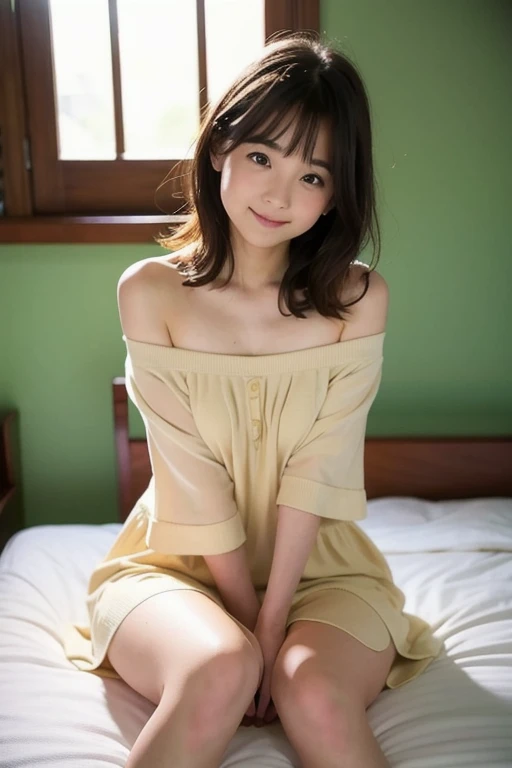 best quality, ultra high res, (photorealistic:1.4), RAW photo, (upper thigh, from side:0.7), (bokeh:1.5), (sit on bed), (in suite:1.6),window,
1japanese girl, cute, (solo:1.6), (shy smile), (brown eyes), smooth skin, (brown medium hair,bangs),(small chest),dainty, (touch hair:1.4),
(off-white transparent clothes:1),
