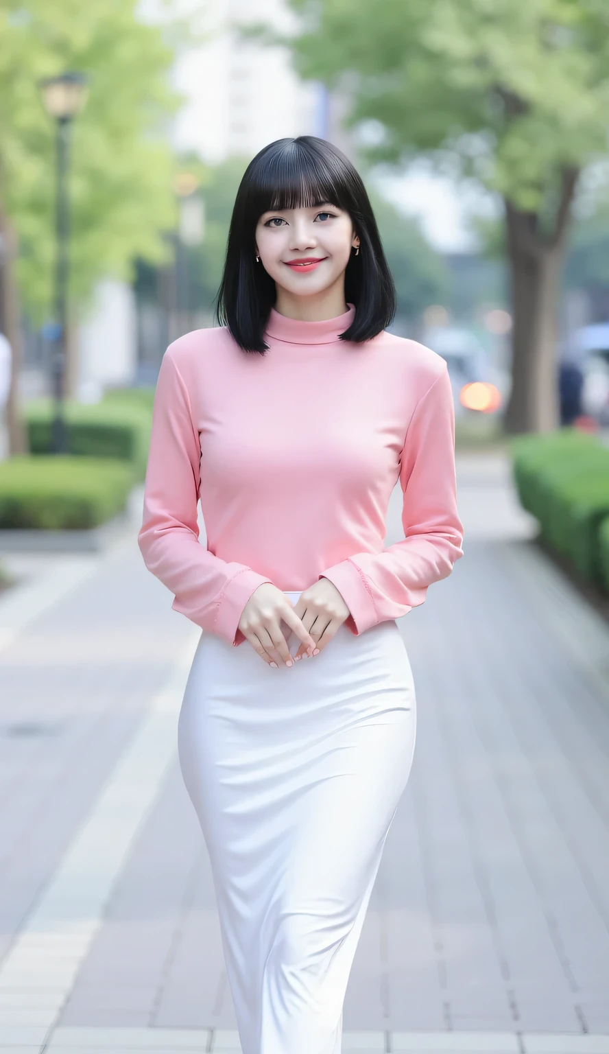 a woman, walking in the middle of the city, body facing front, Eyes looking at the camera, both hands folded together, using long sleeve muslim shirt in pink, long skirt to toe leggings satin material white color, big size G-cup, hair model bob black, seductive smiley face,