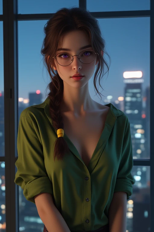 (best quality,4k,8k,highres,masterpiece:1.2),ultra-detailed,(realistic,photorealistic,photo-realistic:1.37),portrait,night scene,skyscraper,modern apartment,city view,y woman,green shirt,long sleeves,clellarbone,glasses,brown hair,purple eyes,single braid,yellow hair ornament,young female,beautiful fingers,long legs,beautiful body,beautiful nose,character design,perfect eyes,perfect face,expressive eyes,looking at viewer,center of the image,upper body,focusing on her face,large breasts,narst,city night time,amazing,evening,fantasy,neon lights,dramatic shadows,vibrant colors,reflections,ambient lighting,moody atmosphere.