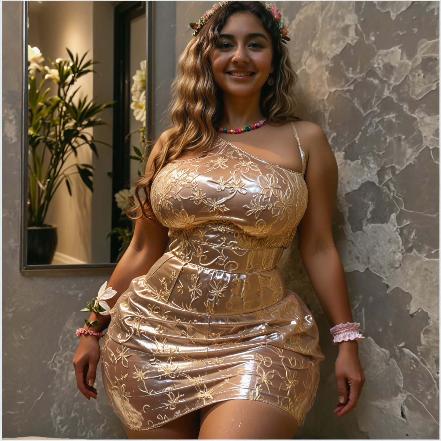 Office scene, A radiant, full-figured South Indian plus sized 35 year old aunty wearing a cream colour colour glittered chiffon short party gown, captured in a full-body image with vibrant hues and meticulous details. Full body image
