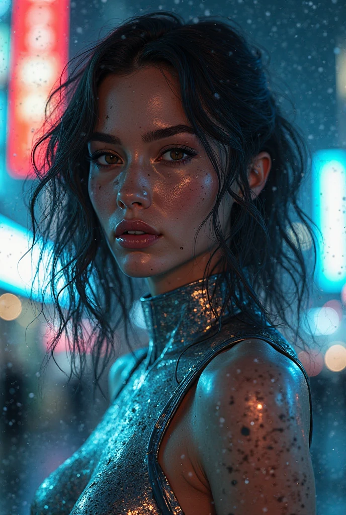 modelshoot style, (extremely dertailed CG unity 8k wallpaper), full shot of beautiful aellagirl wearing a transparent plastic bra, silver hair, short haircut, glowing pink eyes, night city background, dystopian night in the background, bright neon lights, raining in background, professional majestic oil painting by Ed Blinkey, Atey Ghailan, Studio Ghibli, by Jeremy Mann. Greg Manchess, Antonio Moro, trending on ArtStation, trending on CGSociety, intricate, high detailed, sharp focus, dramatic, photorealistic painting art by Midjourney and Greg Rutokski