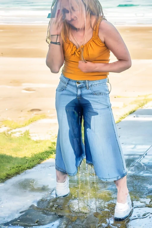 1girl, , wetting short shorts, rating_explicit, ((cameltoe, urine stream, urine particles, wet herself, peed herself, wet spot, sad,))(Masterpiece:1.3) (best quality:1.2) (high quality:1.1), standing, looking down, full body, realistic, leather boots, college campus background, crop top,