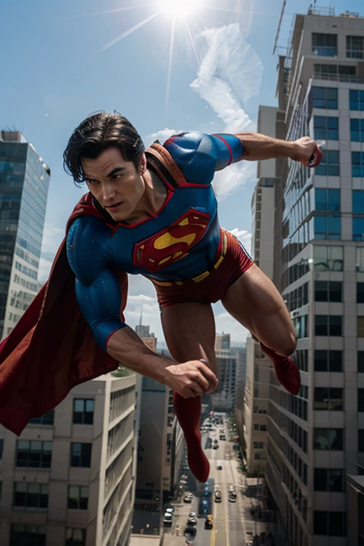Realistic image of Cantinflas dressed as Superman on top of a building with his cape waving, Whole body