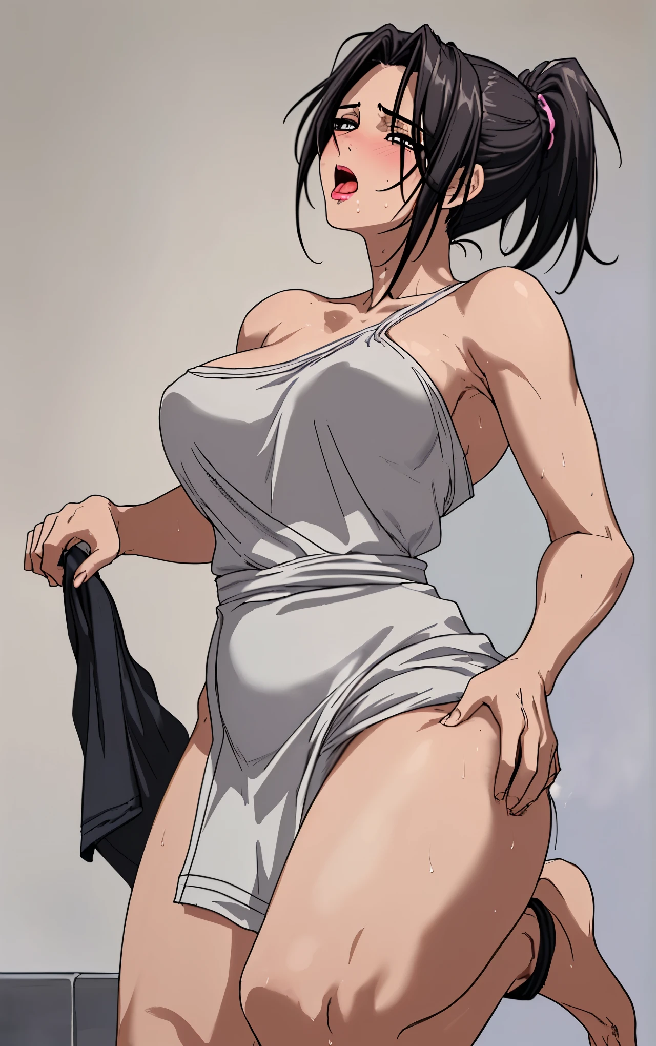 40 years old,Mature Woman,black hair,ponytail,I'm wrapping a bath towel around my bare skin,I'm wrapping a bath towel around my bare skin,I'm sweaty all over my face,viewed from below,It emphasizes the crotch,sexy look,fascinated eyes on men's clothes,unfocused eyes,peel off the whites of their eyes,,full body image,sticks out of her mouth for a long time,sticking out her long tongue,I'm drooling from my mouth,high quality,4K,8K,high resolution,masterpiece,Super Detail,real,like the picture,HDR,UHD,Is urinating、Is urinating、Is peeing、Is peeing、Pissing、Pissing、blushes, simple background,
