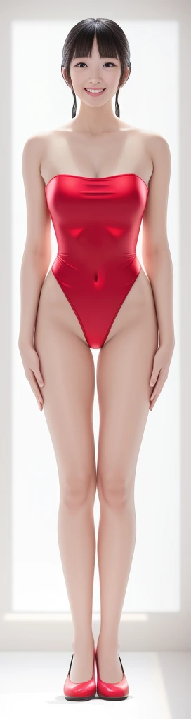 On a white background,A tall and beautiful Chinese girl,with fair skin,Toothy smile,A big smile,When you laugh, Your eyes are crescent-shaped,blunt bangs, long straight hair,Wear a one-piece swimsuit and pumps,Swimsuits are decorated with joyful patterns, Stand up straight,Stand upright,hands on sides,Symmetrical distribution,Ray tracing,All shaded areas,No windows, Soft lighting, Warm light, flood light, no lights on the top, Studio light, 1.4x Realistic Ultra HD