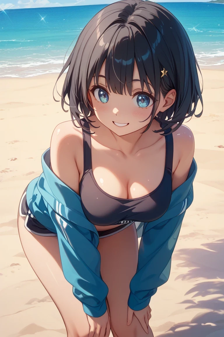 1womanl, Solo, 24 year old, (cute face), (Ideal body proportions), ((Composition from head to thigh)), Light blue bikini, bikini swimsuit, Drenched hair, The erection, Carmelto, Sexy body, Wet, Smile, short-hair, Dark hair, small tits, slenderness, Small buttocks, Beautiful legs, Skinny Legs, One-person viewpoint, masutepiece, ((Anatomically correct))