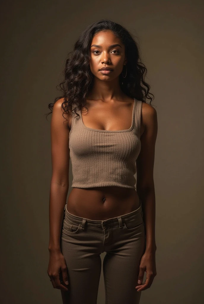(african,american,woman),(afro,curly,hair),(black,hair),(afro,hair,woman),(gray,tank,top),(black,tactical,shoulder,holster),(454,casull,revolver),(the,matrix,style),(best quality,4k,8k,highres,masterpiece:1.2),ultra-detailed,(realistic,photorealistic,photo-realistic:1.37),HDR,UHD,studio lighting,extreme detail description,professional,portrait