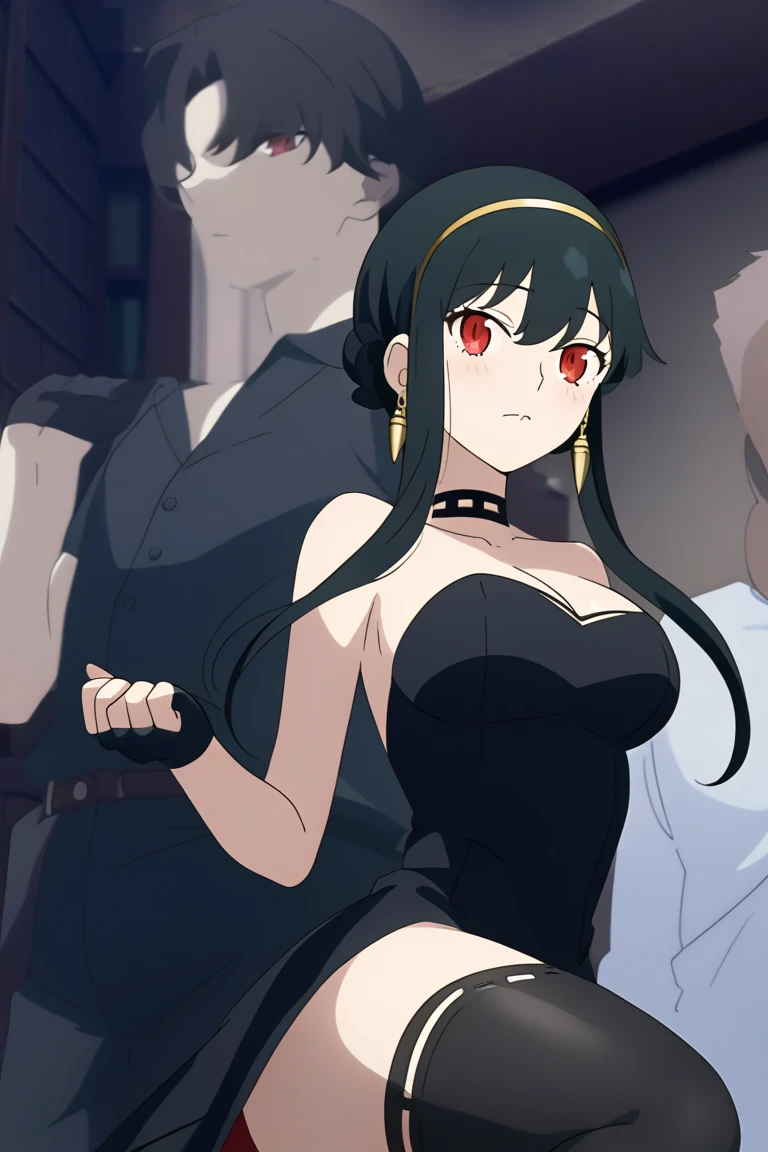 best quality, masterpiece, 1 girl, upper body, (silhouette lighting;1.4), supine, (babyface:1.4), sobbing, (drooling:1.4), (long hair with bangs:1.3), tight fitting black latex bikini, (small breast, cleavage, underboobs:1.3), (surrounded by old men:1.4),