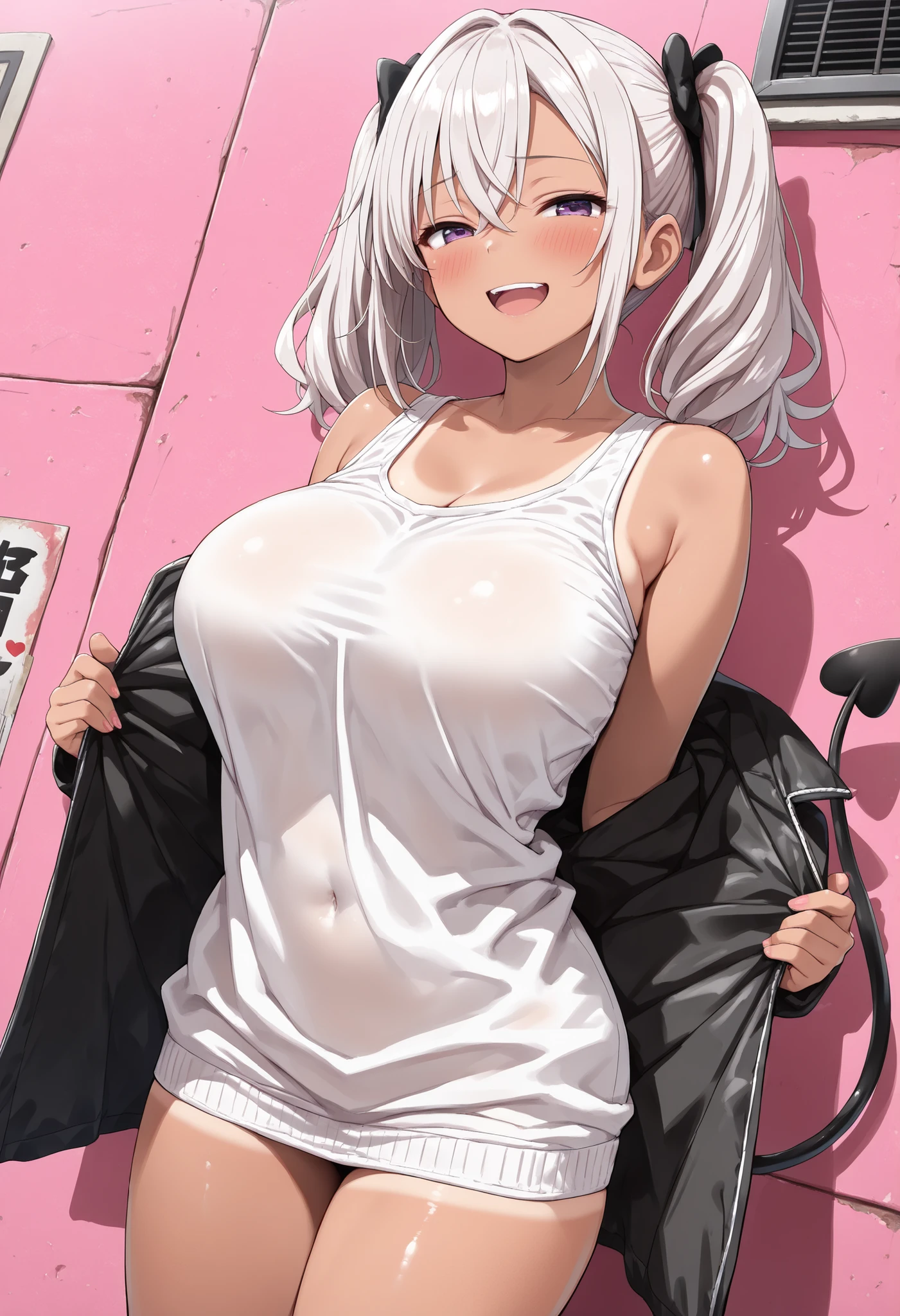 Score_9, Score_8_up, Score_7_up, Score_6_up, Score_5_up, Score_4_up, Source_anime, (1 girl), (female of Beautiful anime girl), (very beautiful face:1.4), Beautiful face, Perfect face, Highly detailed beautiful face and eyes, (wonderful smile), (perfect anatomy), (tanned skin, high detail skin:1.4), (Big natural breasts), (beautiful thighs), (Beautiful purple eyes:1.2), (White Pink hair:1.2), (twin tail hair:1.2), crossed bangs, asymmetrical bangs, (Bitch, Black Gal:1.2), (黒い革のジャンバー, 豹柄のビキニの水着:1.3), (Bitch, Prostitute, Exhibitionism:1.3), (The background is a back alley, Prostitution:1.3), Photorealistic anime girl rendering, Realistic anime 3d style, look at viewer, Reddish blush, (Panting face with half closed eyes, Face screaming sad voice), dynamic angle, perfect body, (perfect Pause:1.2), 最高品質,傑作,公式アート,高品質, 高解像度,エピックシーン, 最高品質 , 高品質 , 徹底的な, 高解像度, 8k, 超高解像度 , プロ品質, Perfect contrast , パーフェクト照明, 解剖学的に正確な,