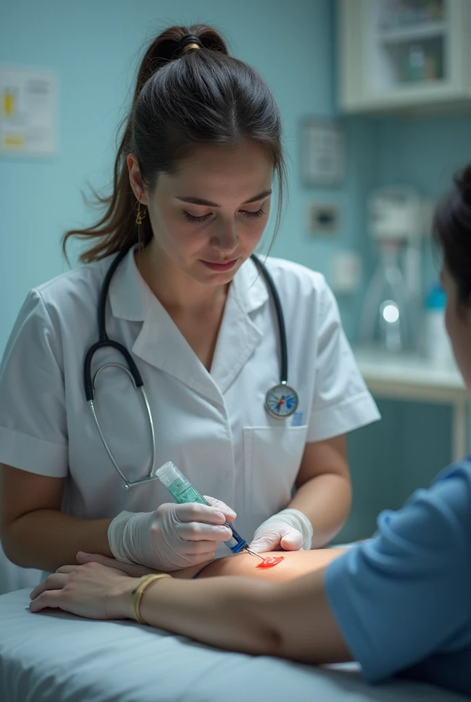 Sports medicine physician using a large-gauge needle for joint fluid aspiration