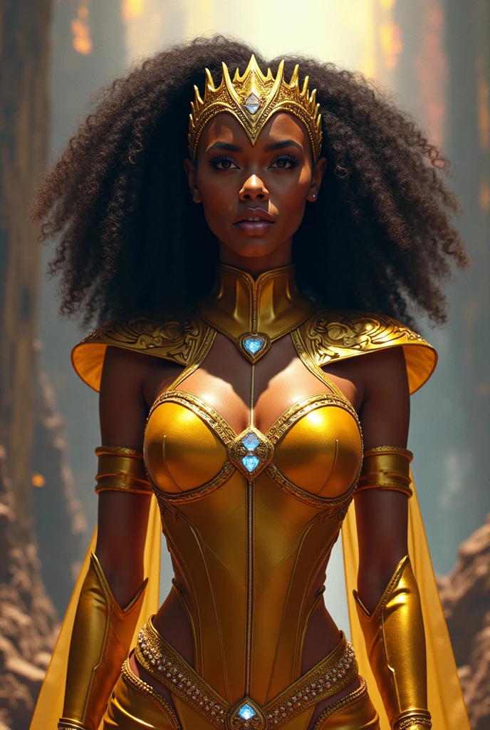 an Afro-descendant queen character with curly hair, wearing long dark clothes, personality would be, with golden crown on his head, wearing gold jewelry, starry sky around, holding the crown