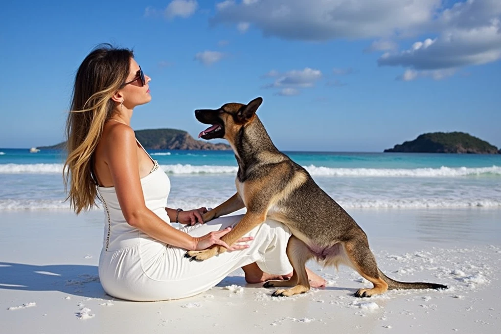 Lucie petting a dog by the beach, grosse poitirne