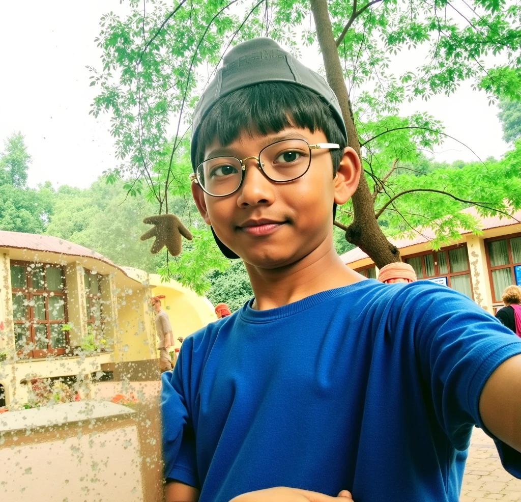 there is a young boy wearing glasses standing in a field, ayan nag, very very low quality picture, portait image, taken with sony alpha 9, very clear picture, boy with neutral face, assamese, with accurate face, young boy, shot on nikon z9, photo taken with canon 5d, reyyan, with kind face