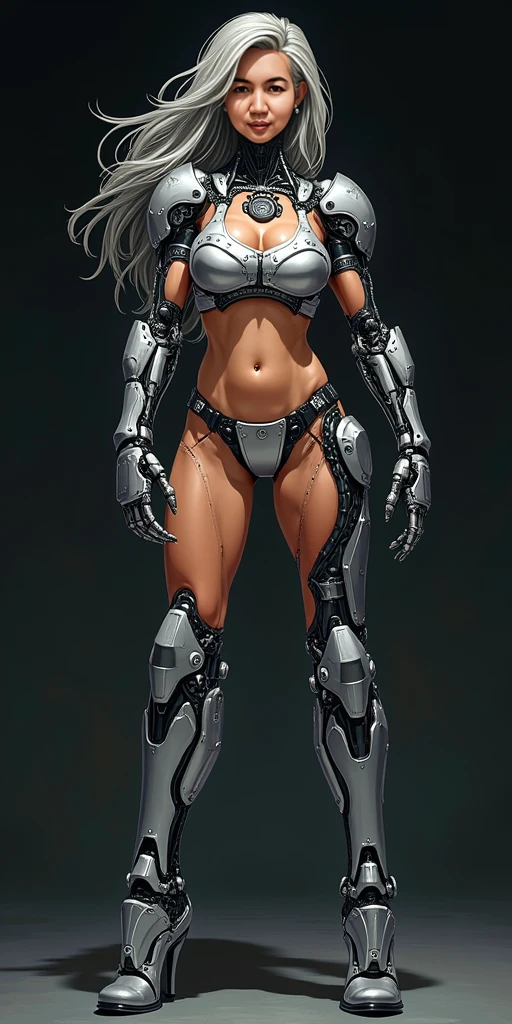 Powerful huge female warrior, Prosthetic arm, mechanical arm, , Character design, hiquality, crisp detailing, ((((Full-length)))), (((MATTE GRAY BACKGROUND)))