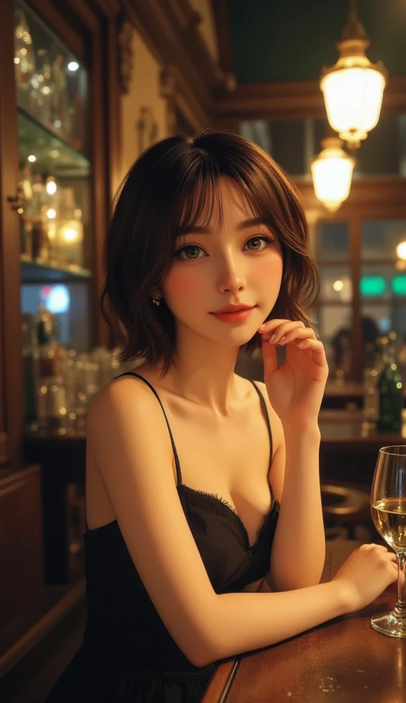 ((highest quality, 8k, masterpiece: 1.3, RAW Photos)), Sharp focus: 1.2, (1 Espa Girl: 1.2), masterpiece, highest quality, Realistic, Very detailed, The finer details, High resolution, 8k wallpaper, 1. Beautiful Japanese Women, Wearing a sexy black dress, In a great restaurant, Food and wine on the table、actress, Chestnut Hair, short hair、Perfect dynamic composition, Beautiful and beautiful eyes