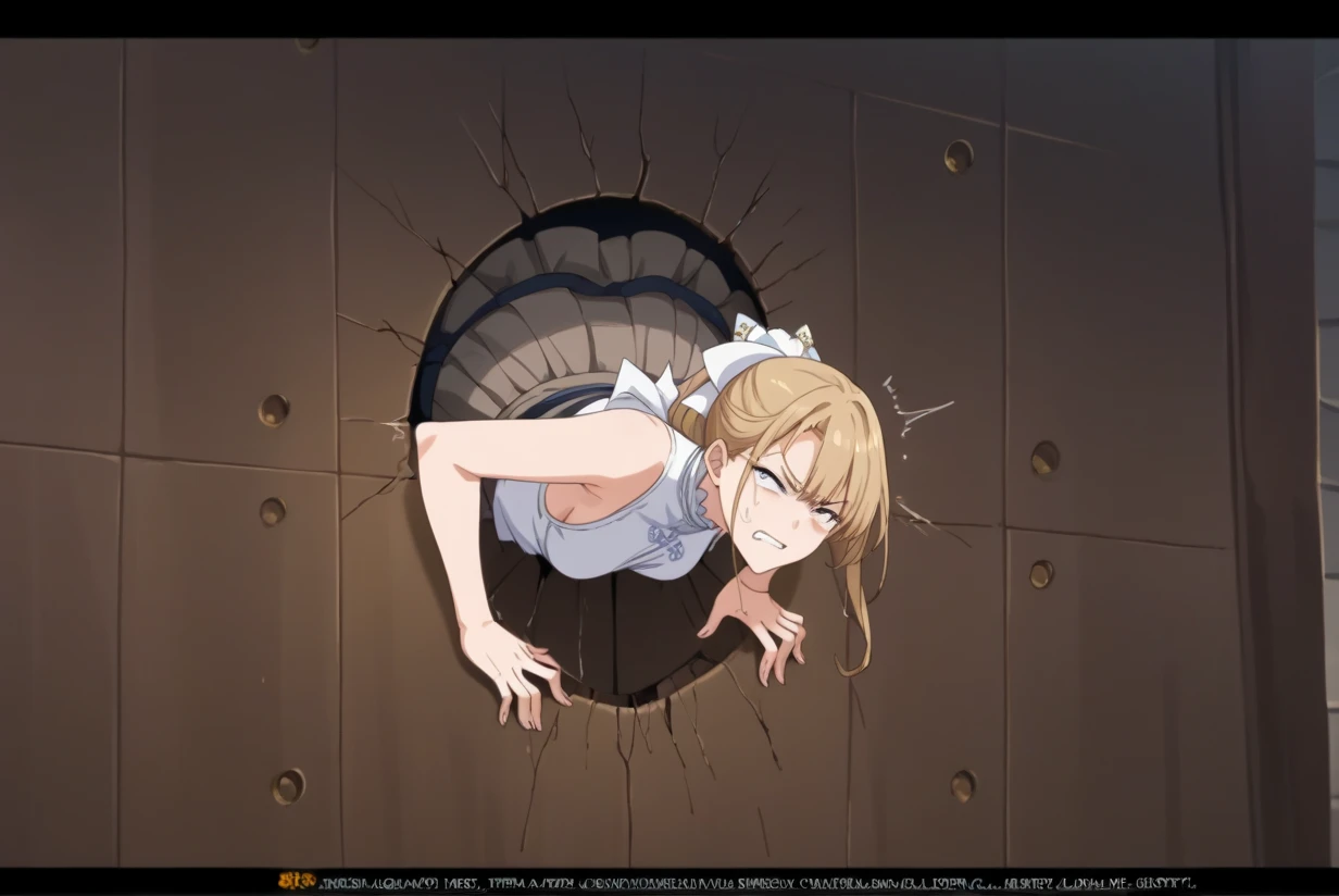 shoulder length blonde hair, green eyes, hime cut, ropes, tied up, arms behind back, wearing frilly light blue lolita skirt, white blazer
BREAK
shibari,bdsm,(((shibari over clothes,rope,bound,restrained,against pillar))),pillar,